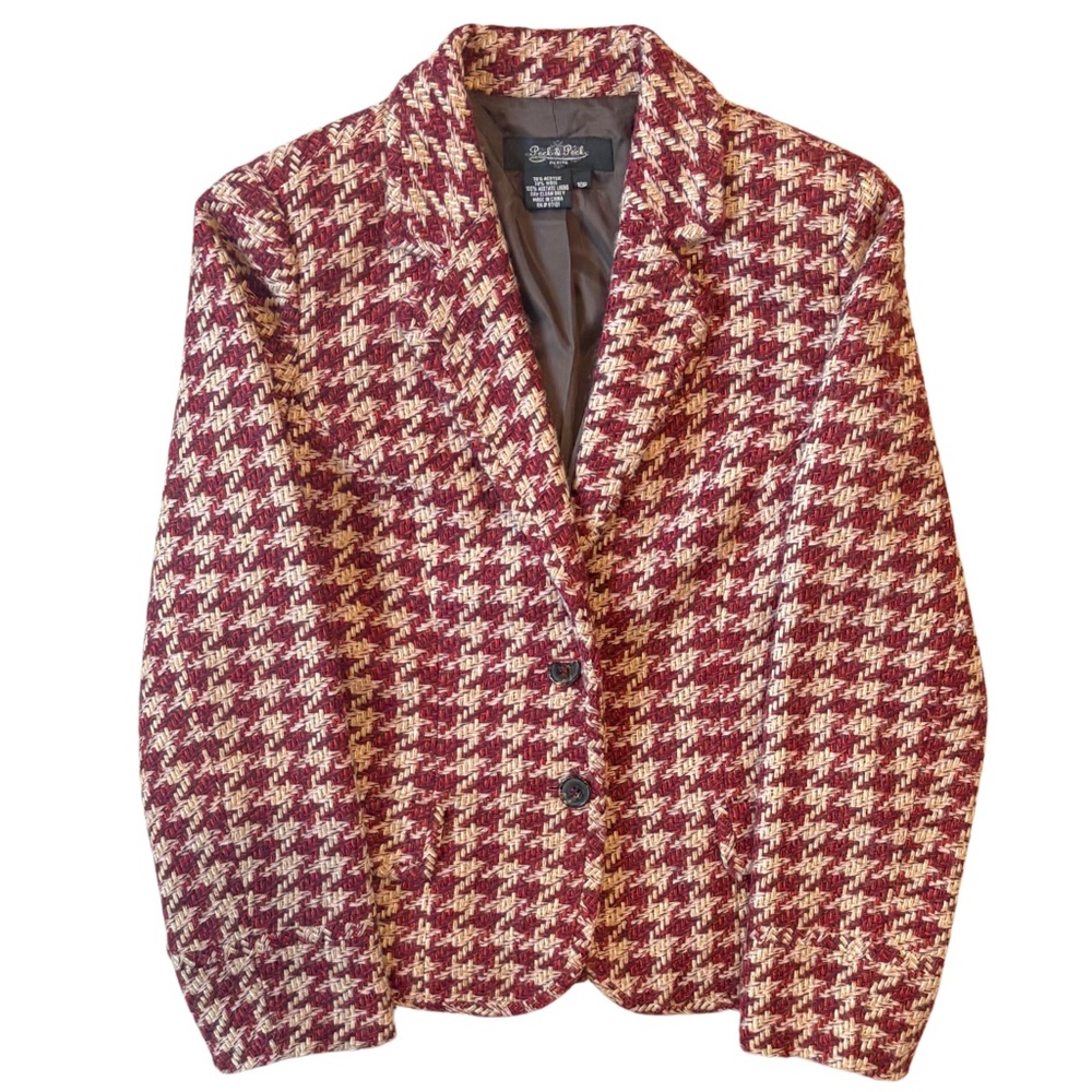 Vintage Tweed Blazer Burgundy Cream Autumn Academia 90s Petite Peck & Peck